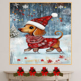Adorable Dachshund Dog Ice Skating in Red Christmas Sweater and Santa Hat Whimsical Holiday Wall Art for Dog Lovers and Winter Season Home Décor on Ready to Hang 1.5" Thick Canvas Wrap, Floating Framed Canvas, Flat Rolled Canvas